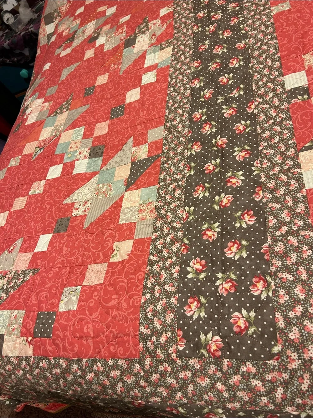 ONE OF A KIND - HANDCRAFTED  Coral and Gray Quilt - Floral